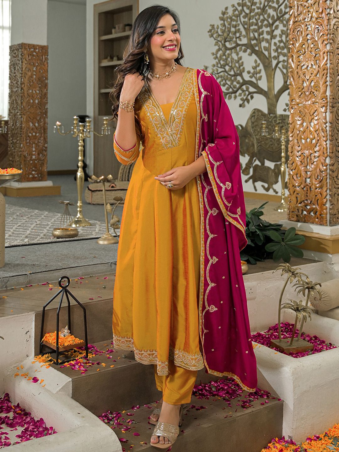 Women Ethnic Motifs Embroidered Panelled Kurta with Salwar & With Dupatta