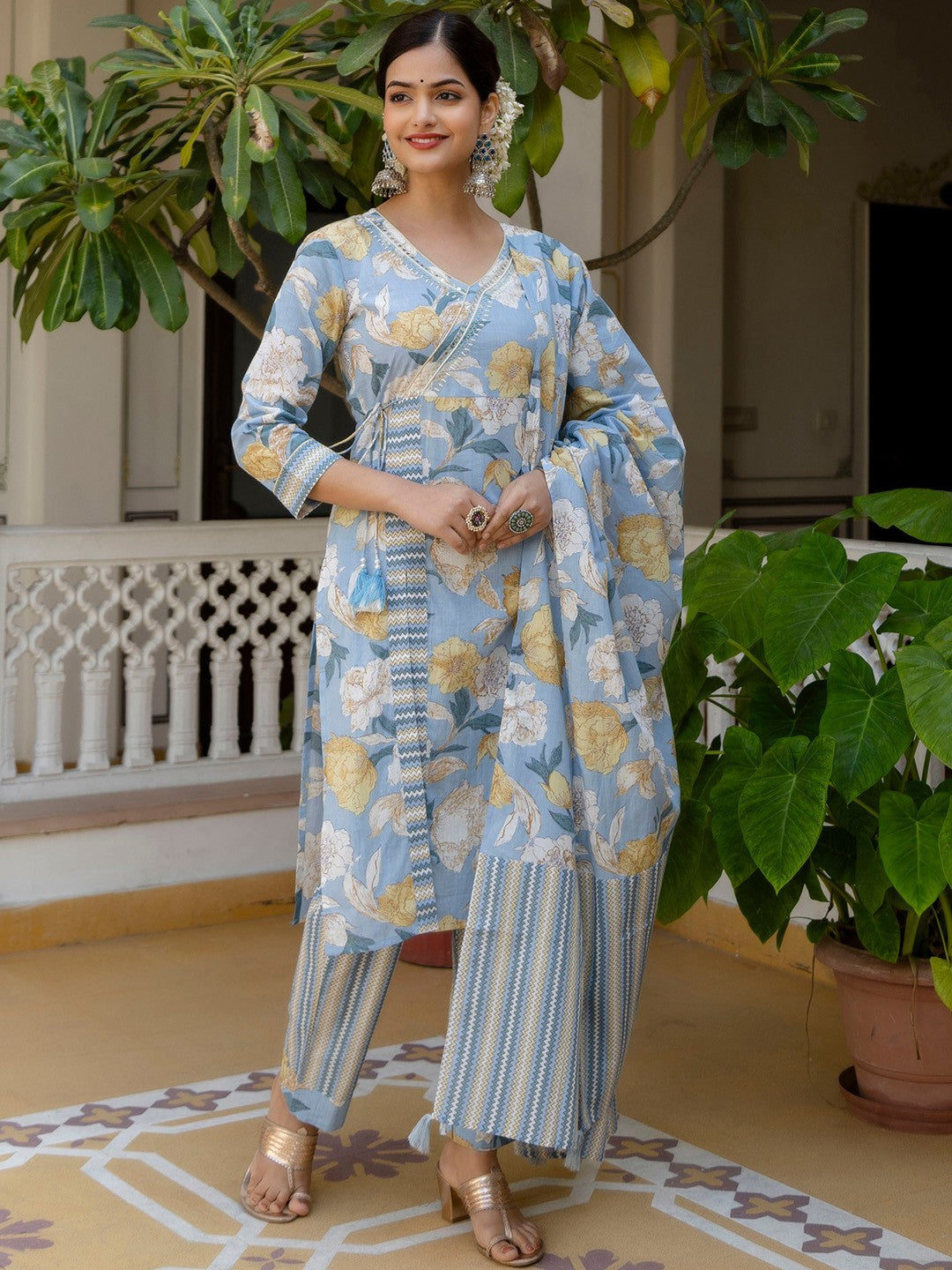 Floral Printed Angrakha Mirror Work Pure Cotton Kurta With Pyjamas & Dupatta