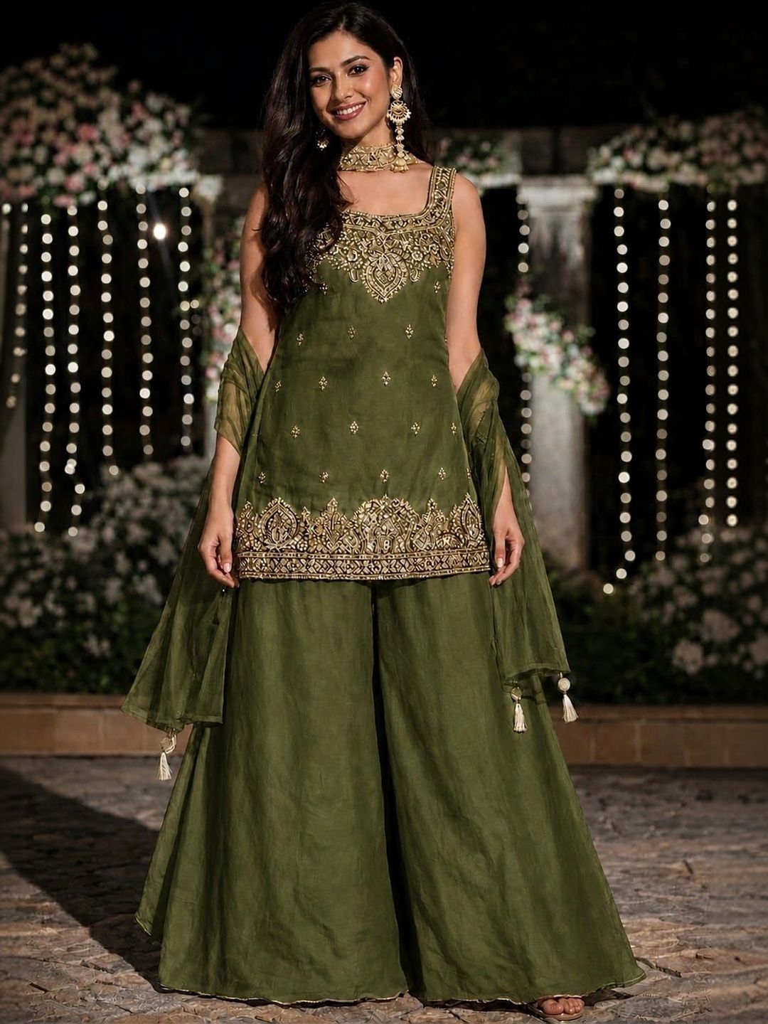 Women Ethnic Motifs Embroidered Regular Kurta with Sharara & With Dupatta