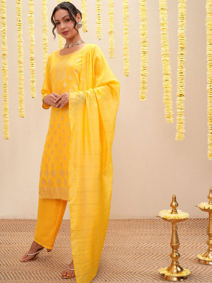 Yellow Ethnic Motifs Printed Straight Kurta with Palazzos & With Dupatta