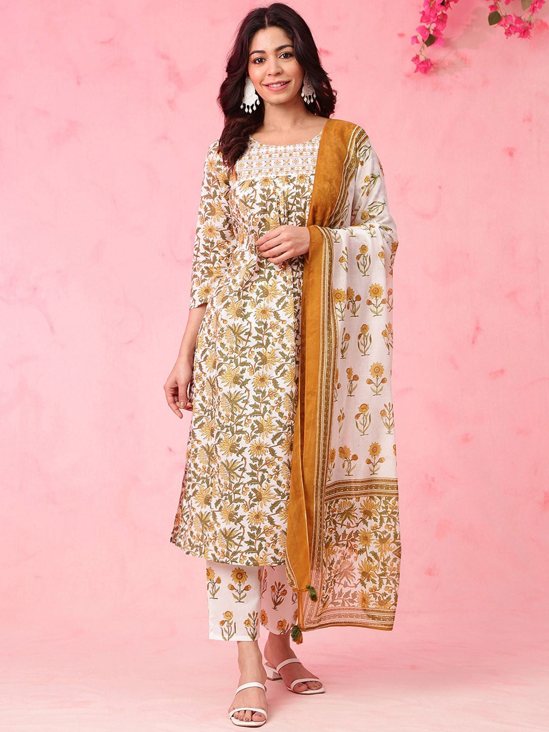 Women Ethnic Motifs Embroidered Empire Pure Cotton Kurta with Trousers & With Dupatta