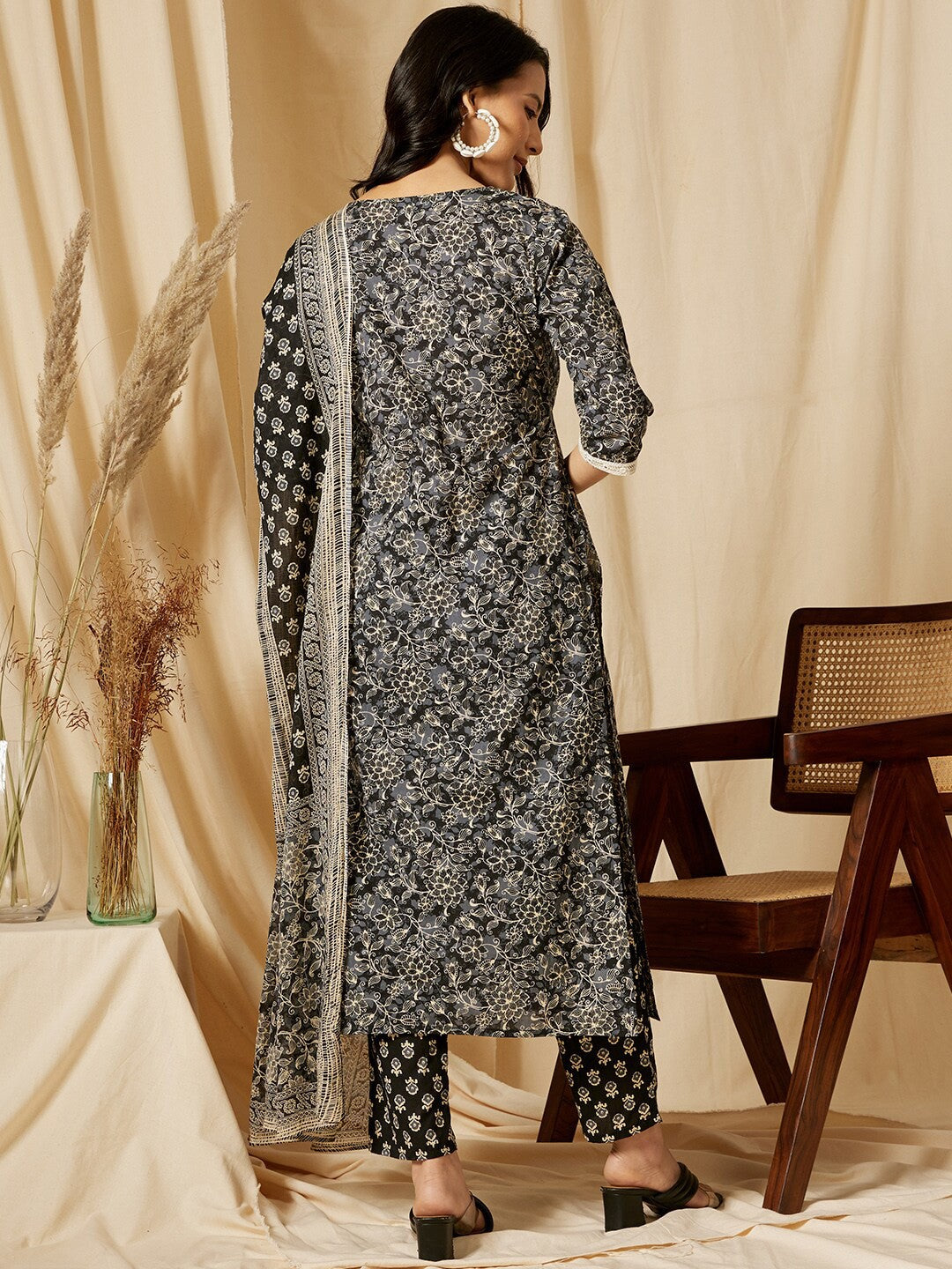 V Neck Floral Printed Pure Cotton Kurta with Trouser & Dupatta