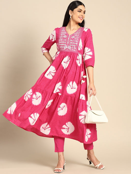 Women Magenta Floral Embroidered Tiered Sequinned Pure Cotton Kurta with Trousers