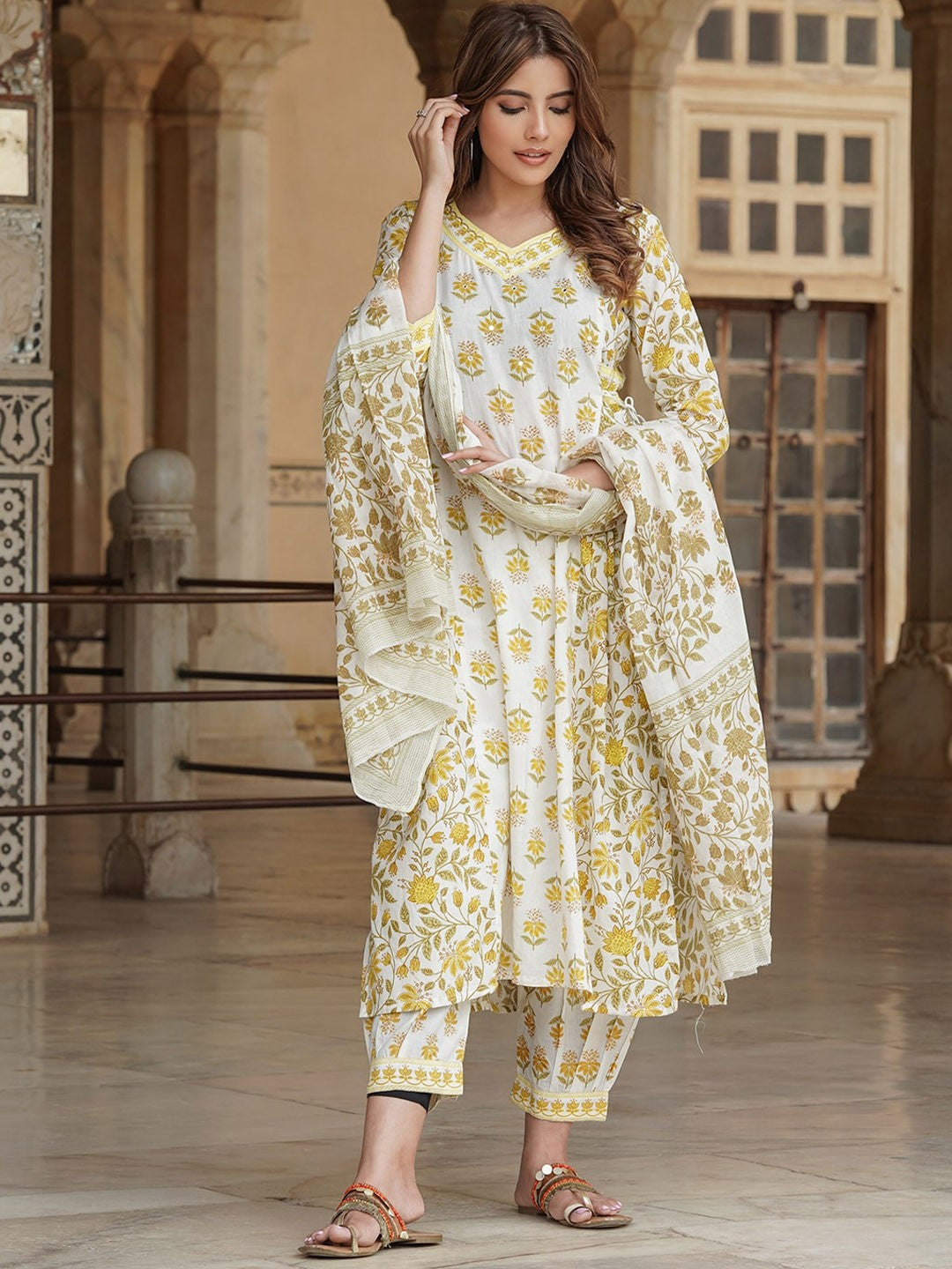 Floral Printed Mirror Work A-Line Pure Cotton Kurta with Trousers & Dupatta