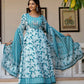 Blue Floral Printed Panelled Pure Cotton Anarkali Kurta With Trousers & Dupatta