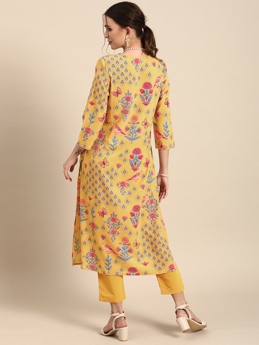 Women Mustard Yellow Floral Printed A- Line Kurta with Trousers