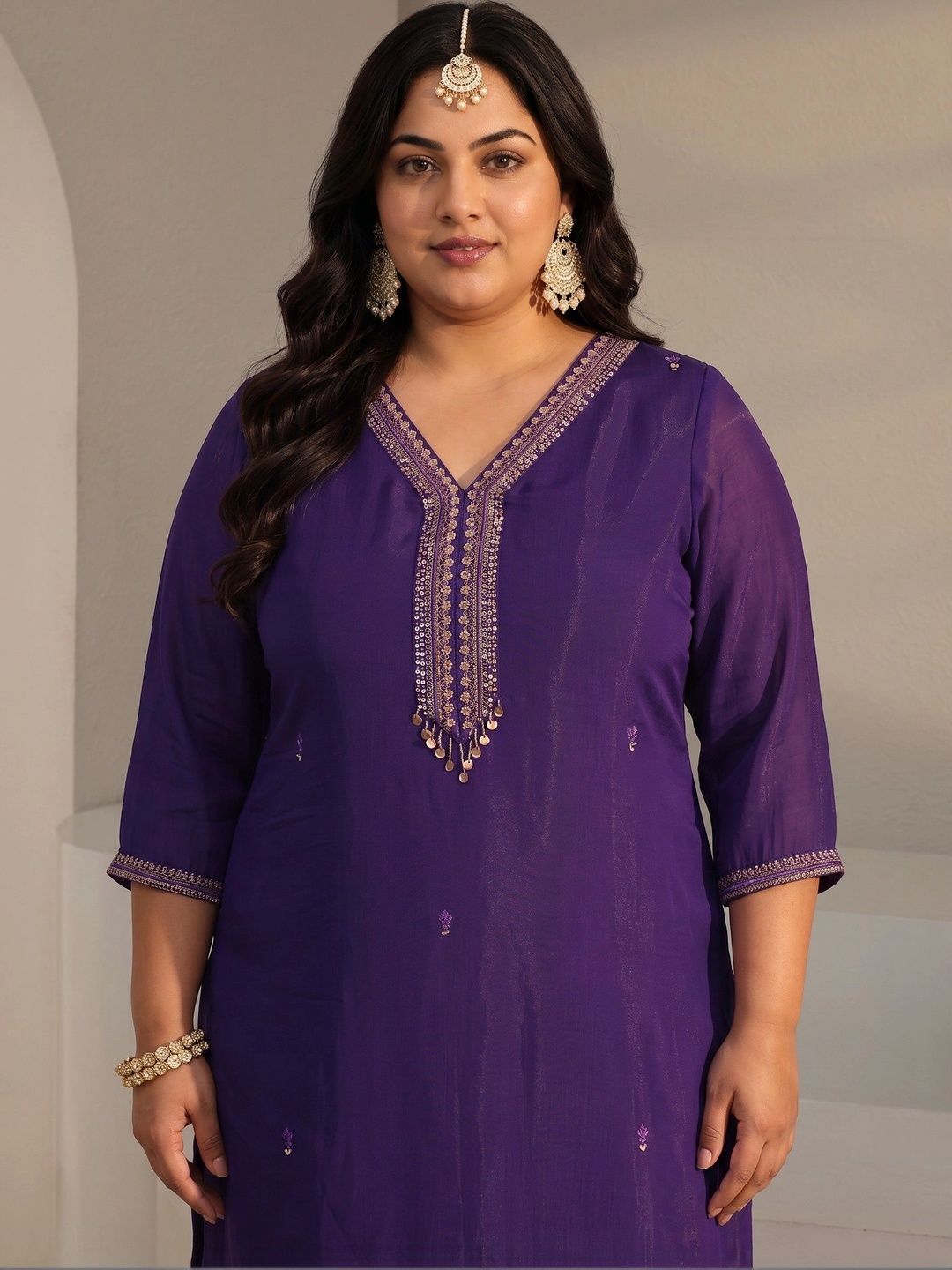 Women Ethnic Motifs Embroidered Regular Sequinned Chanderi Silk Kurta with Trousers &