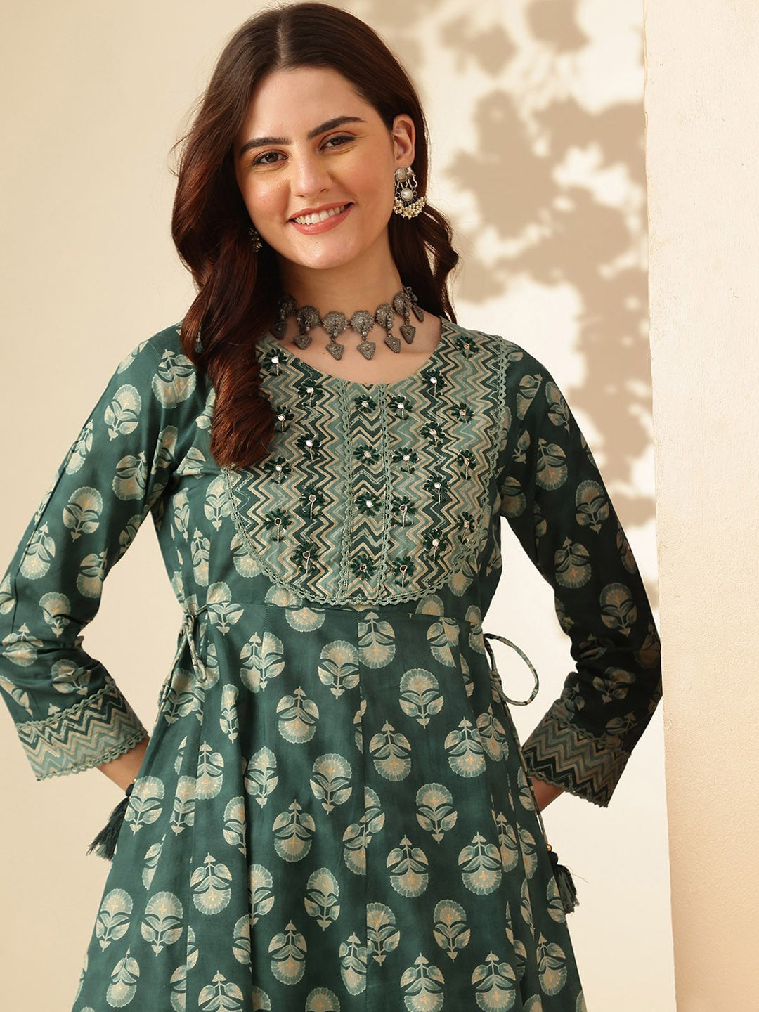 Green Floral Printed Aari Work Pure Cotton Anarkali Kurta with Trousers & Dupatta