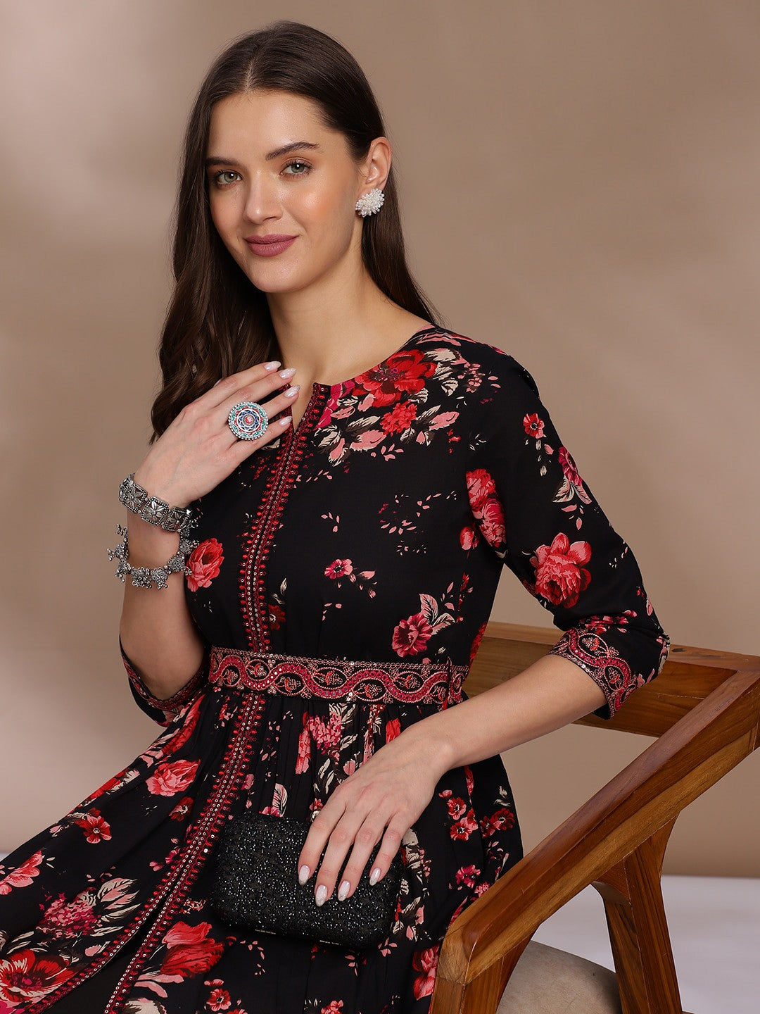 Black Floral Printed Sequinned Detailed Pure Cotton A-Line Kurta With Trouser