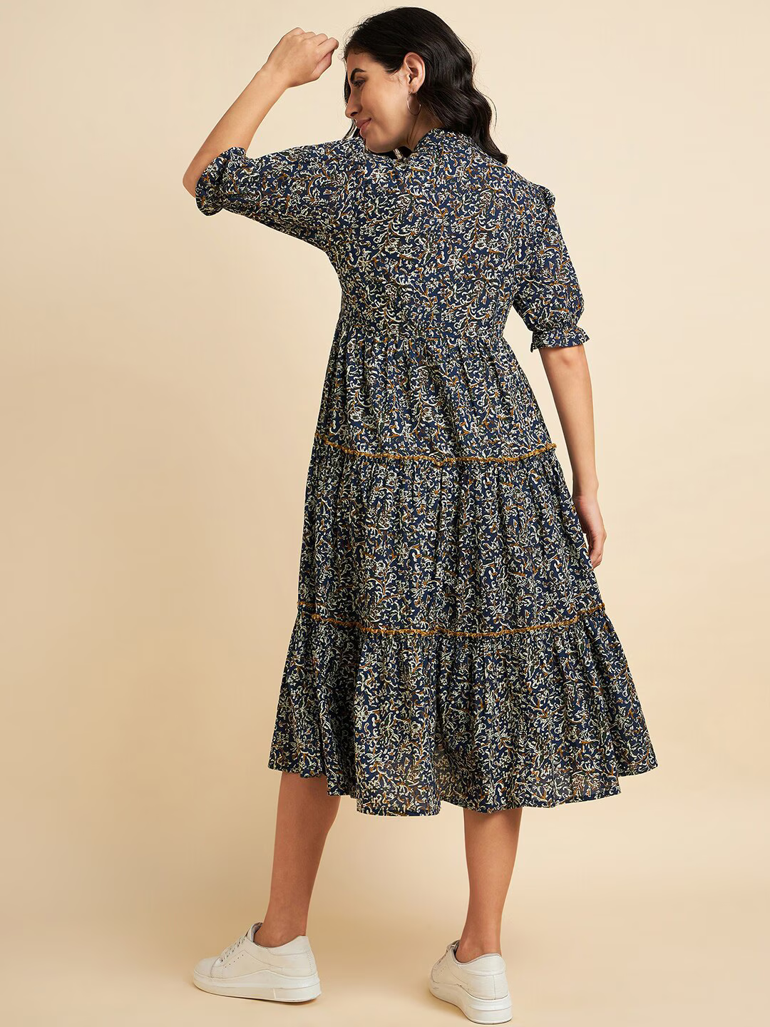 Floral Printed Mandarin Collar Gathered Pure Cotton Fit & Flare Dress