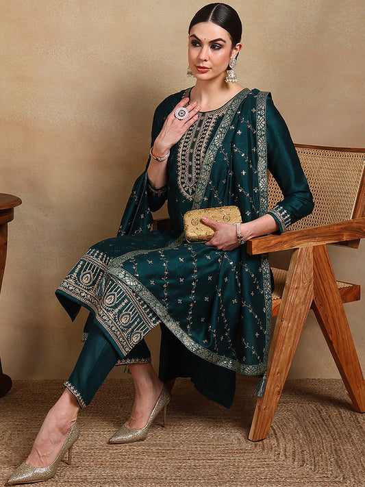 Women Floral Embroidered Regular Sequinned Kurta with Trousers & With Dupatta