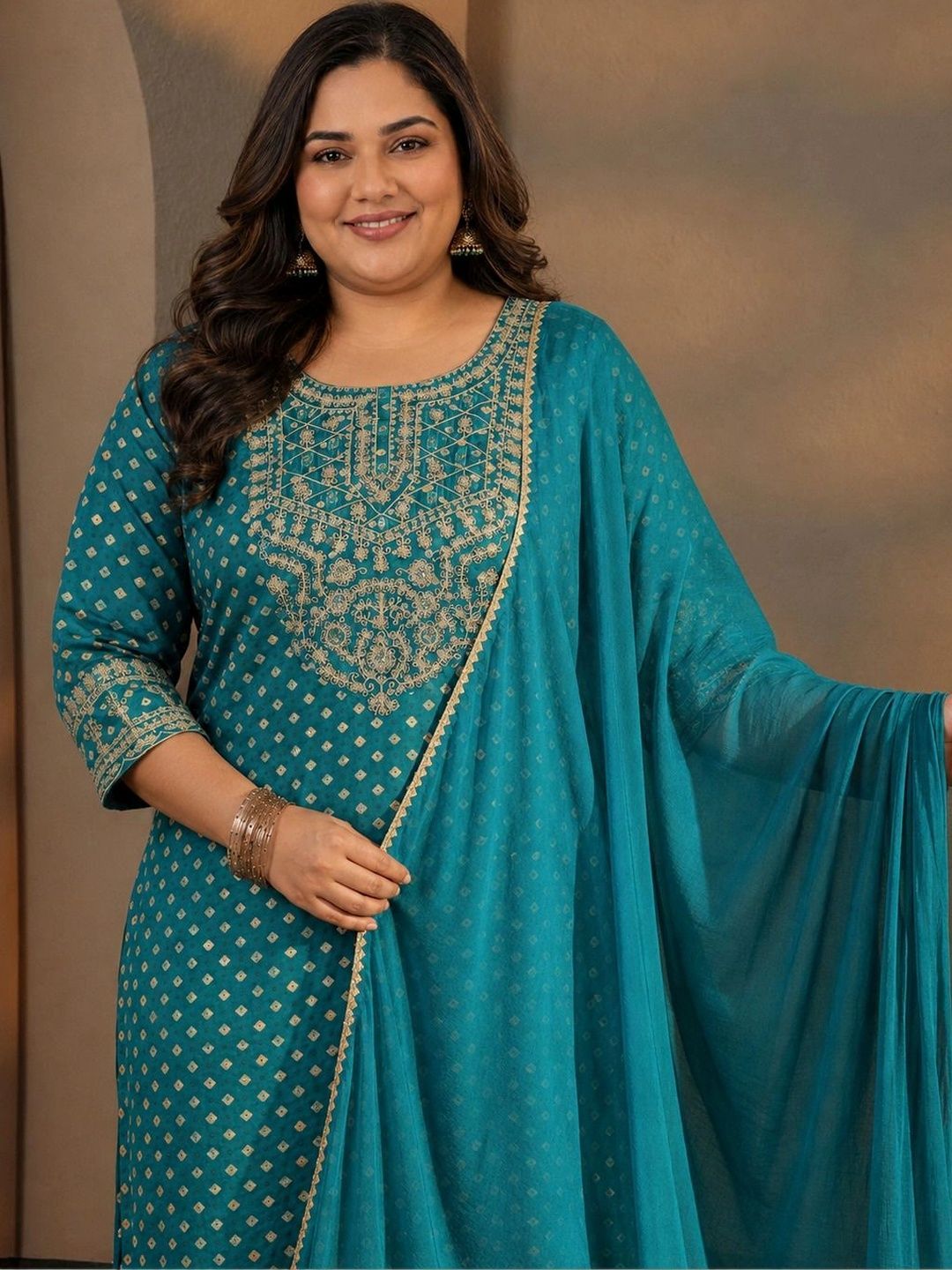 Plus Size Blue Bandhani Printed Silk Blend Straight Suit Set With Dupatta