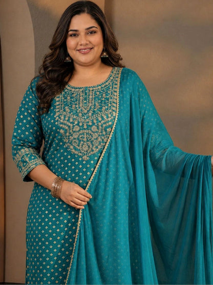 Plus Size Blue Bandhani Printed Silk Blend Straight Suit Set With Dupatta