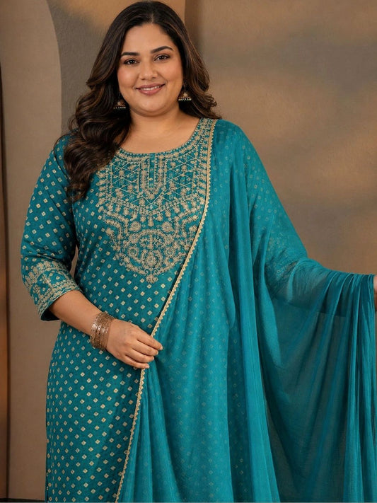 Plus Size Blue Bandhani Printed Silk Blend Straight Suit Set With Dupatta