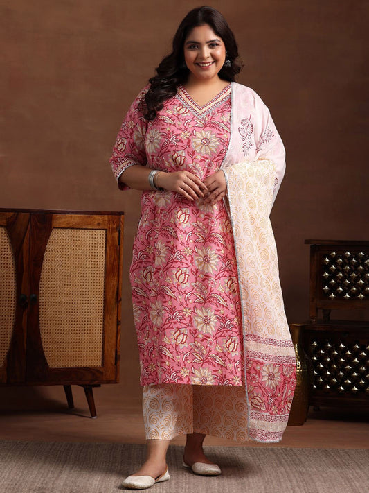 Plus Size Floral Printed Pure Cotton Kurta with Palazzo & Dupatta