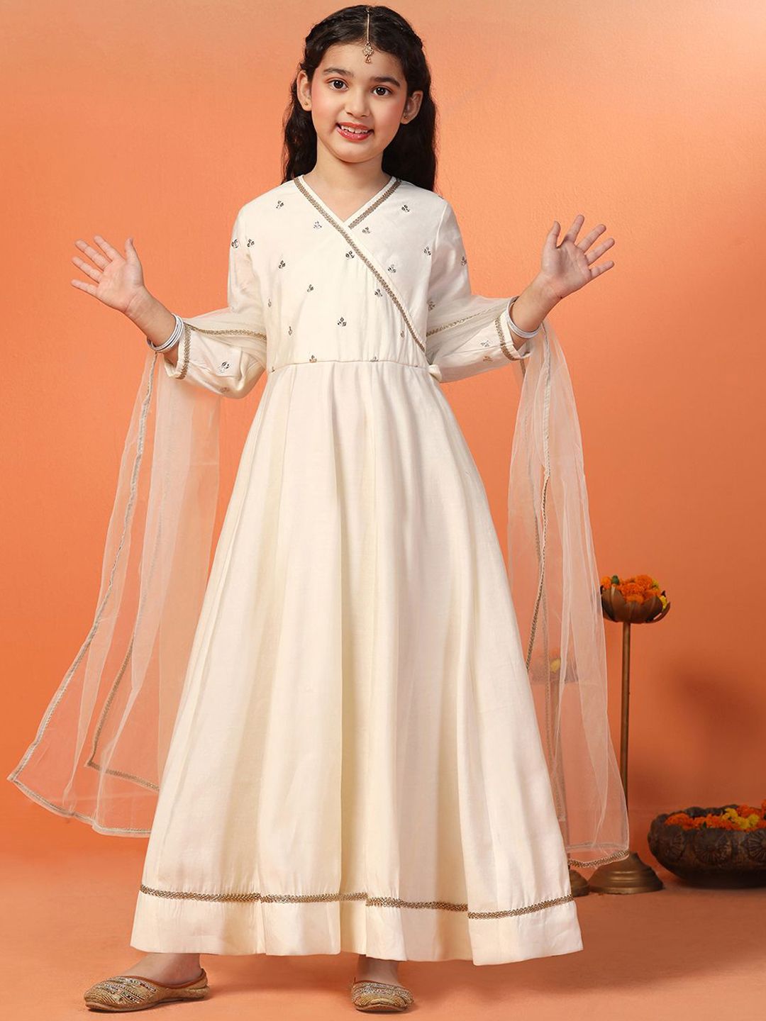 Girls Embroidered Maxi Length Ethnic Dresses with Dupatta