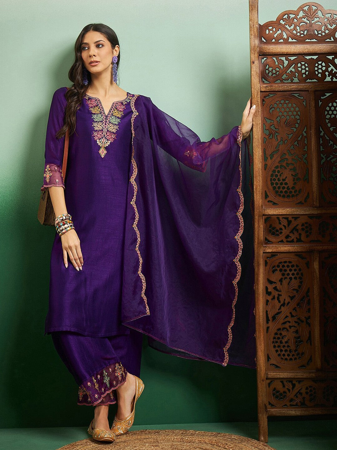 Embroidered Notch Neck Kurta With Plazzo & Dupatta