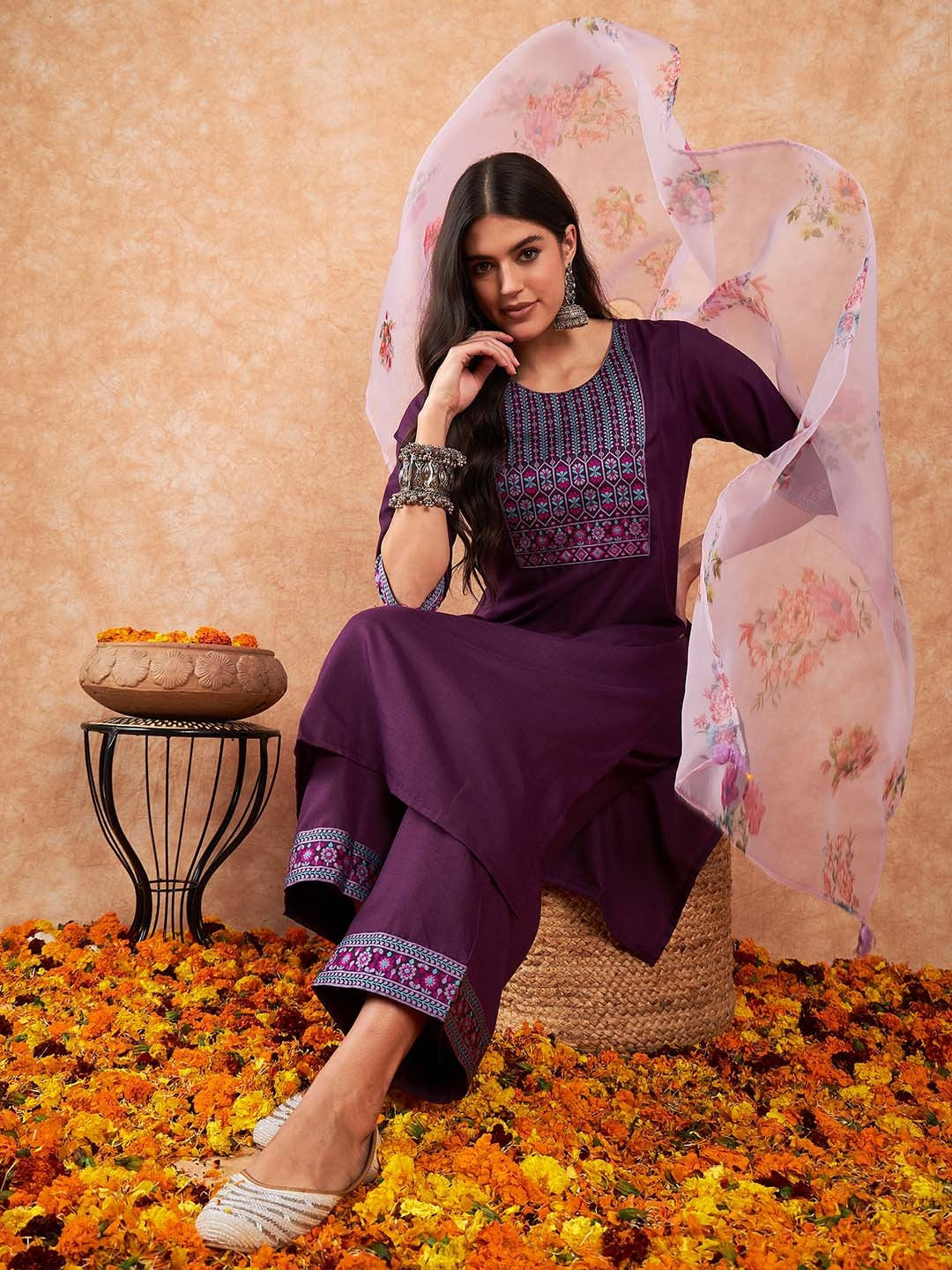 Women Purple Yoke Design Regular Kurta with Palazzos & With Dupatta