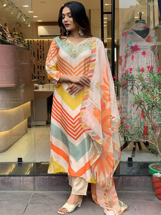 Striped Thread Work Detailed Straight Kurta & Trouser With Dupatta