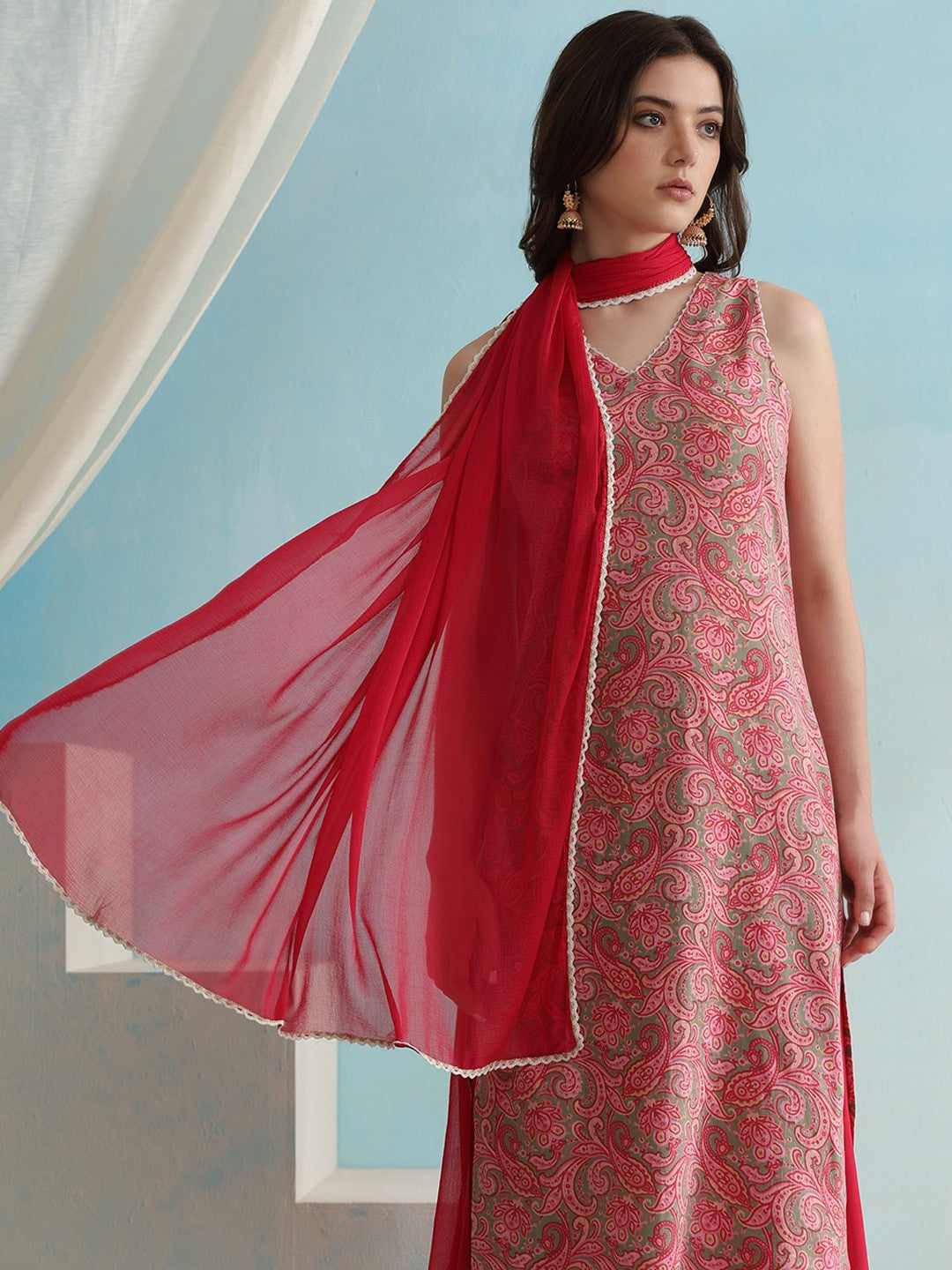 Paisley Printed V-Neck Sleeveless Kurta with Palazzos & With Dupatta