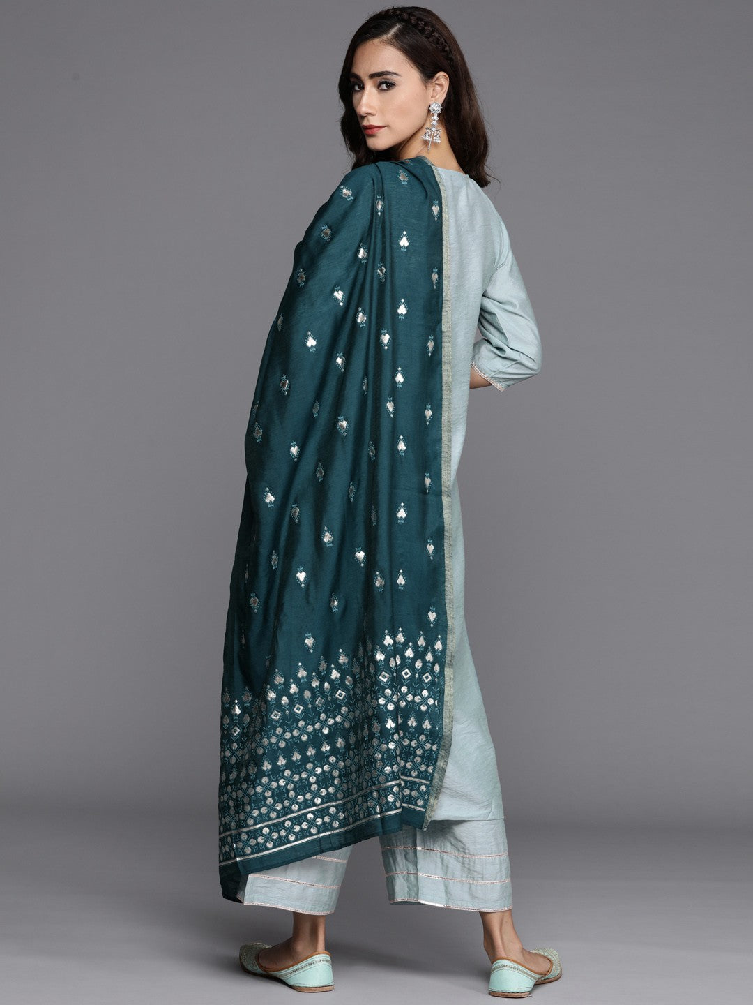 Women Blue Chanderi Silk Gotta Patti Kurta with Palazzos & Dupatta