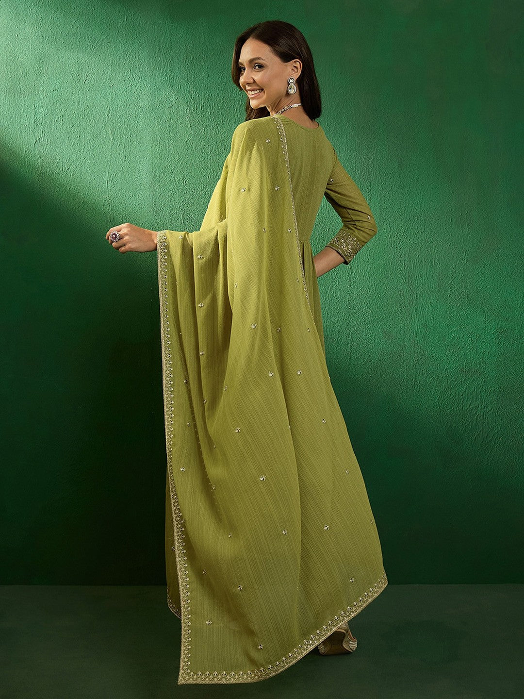 Embroidered V-Neck Kurta With Trousers & Dupatta