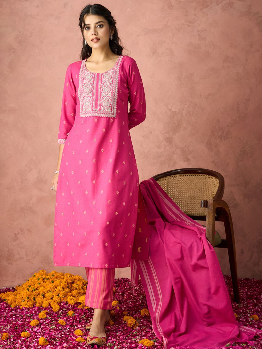 Women Ethnic Motifs Embroidered Straight Kurta With Trousers And Dupatta