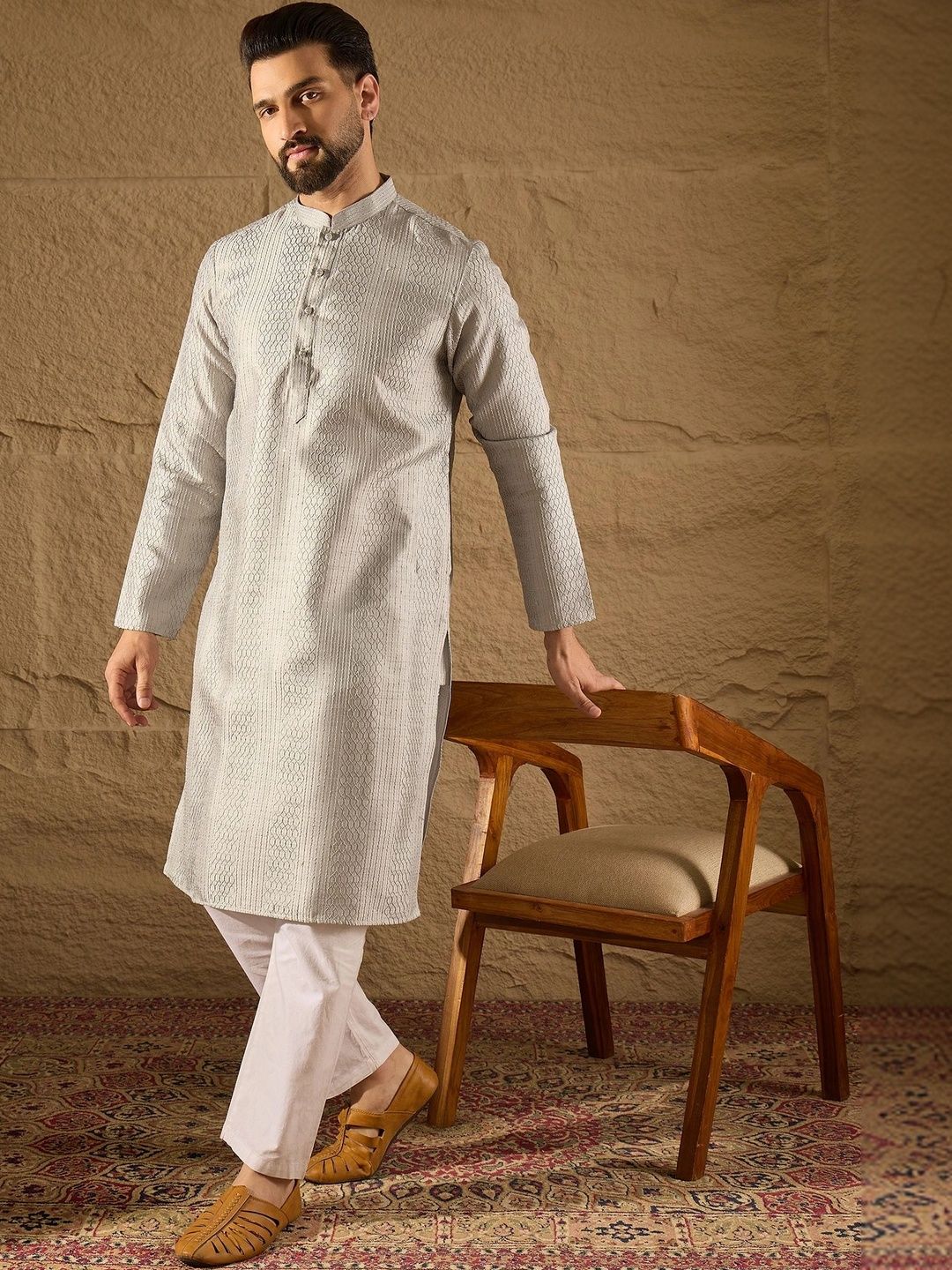 Men Woven Design Mandarin Collar Kurta (Top only)