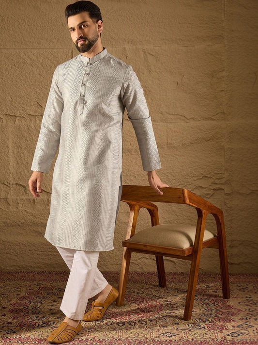 Men Woven Design Mandarin Collar Kurta (Top only)
