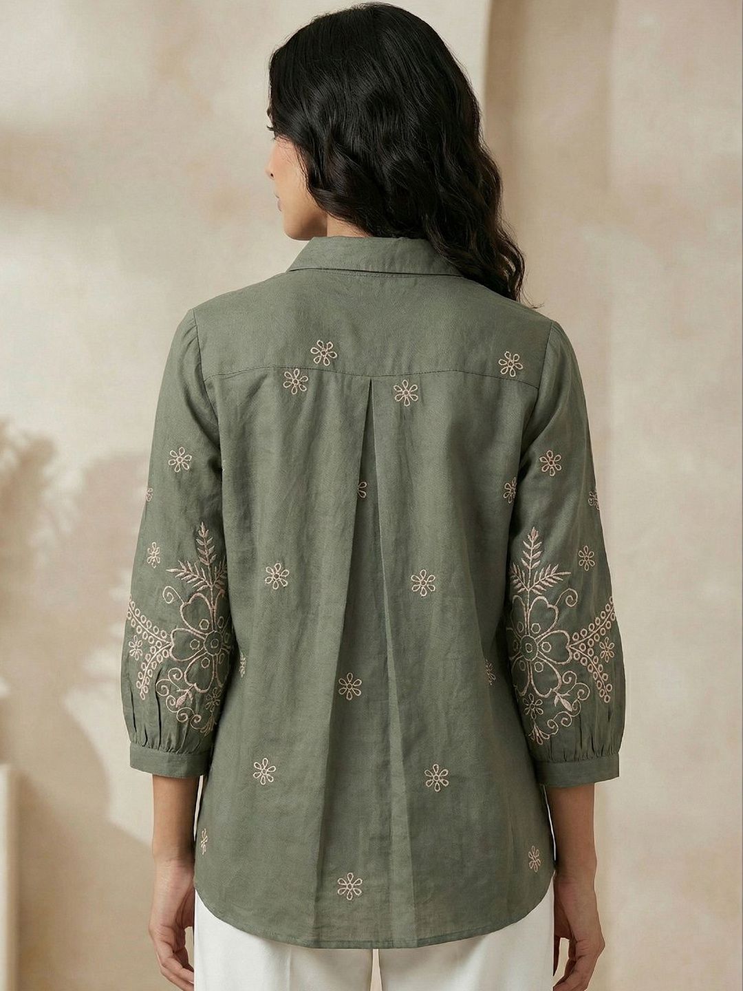 Women Shirt Collar Embroidered Tunic