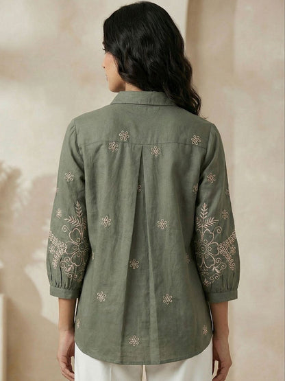 Women Shirt Collar Embroidered Tunic