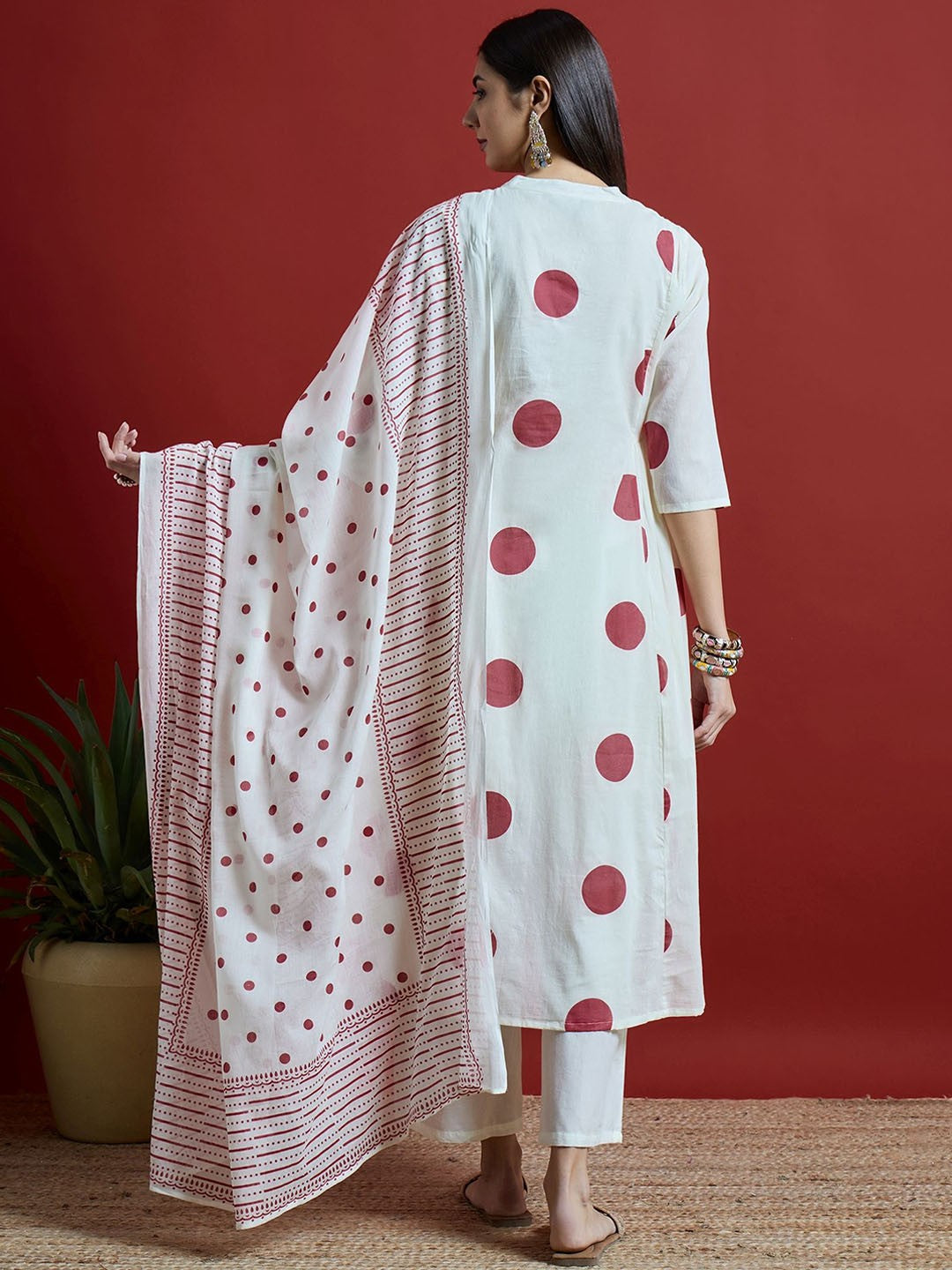 Maroon & Off White Geometric Printed Pure Cotton Kurta with Palazzos & With Dupatta