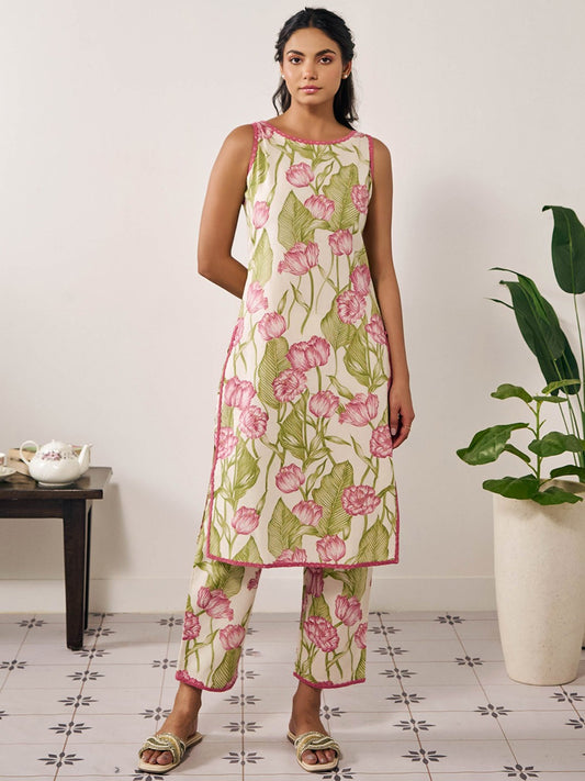 Floral Printed Round Neck Thread Work Straight Kurta with Trousers