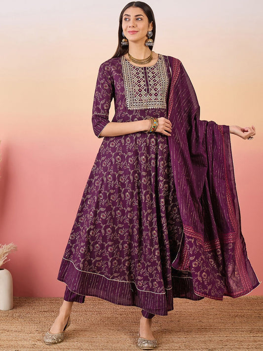 Burgundy Floral Printed Thread Work Anarkali Kurta With Trouser & Dupatta