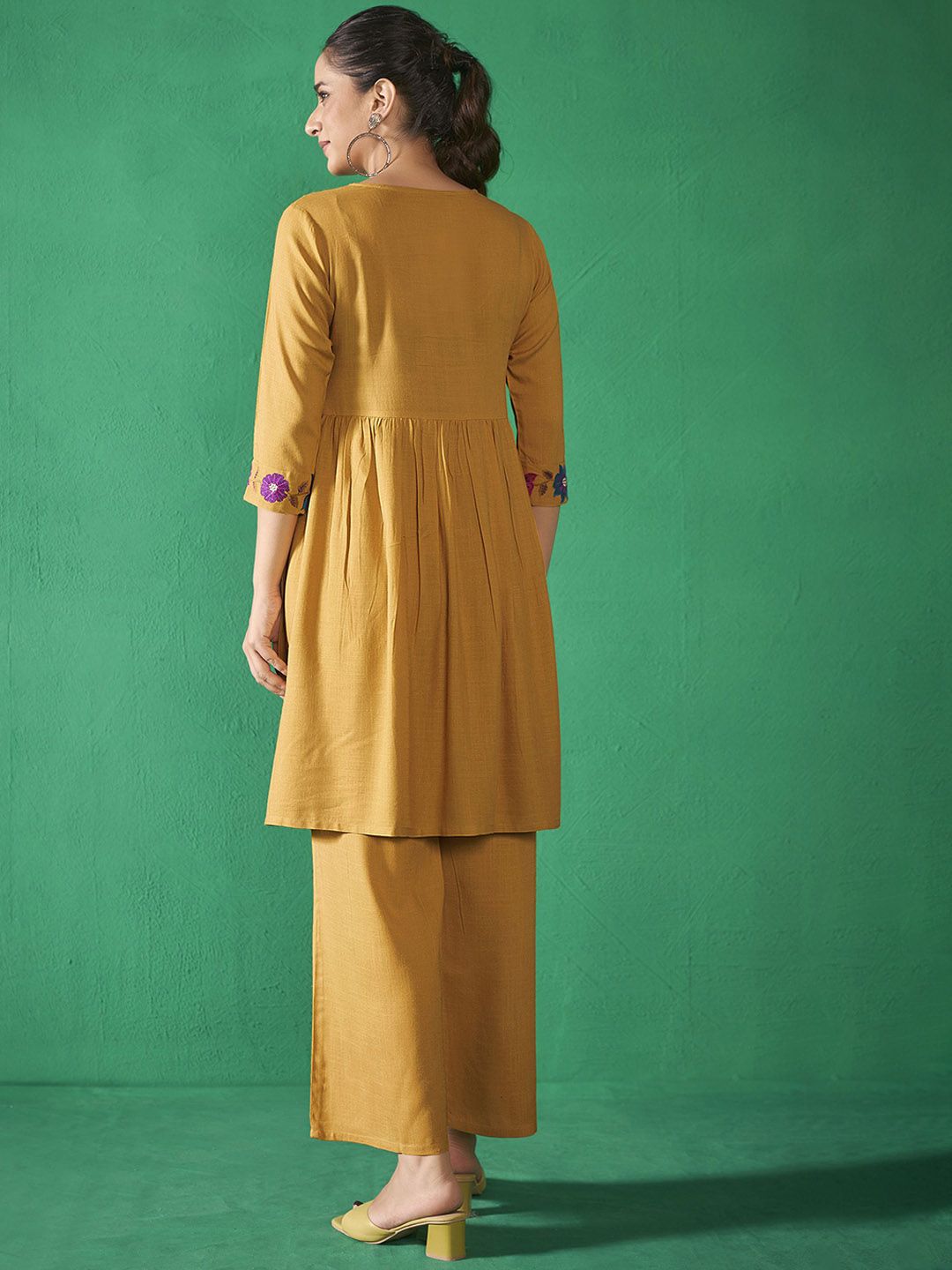 Mustard Yellow V-Neck Embroidered Liva Top With Trousers
