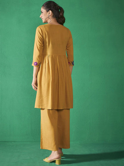 Mustard Yellow V-Neck Embroidered Liva Top With Trousers