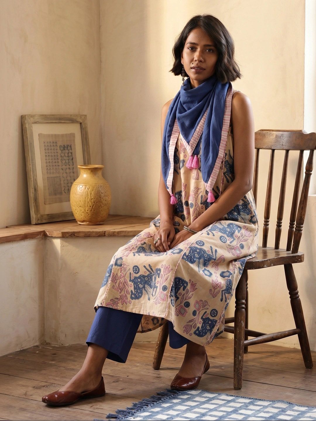 Floral Printed Pure Cotton Sanganeri Kurta with Trousers & Dupatta