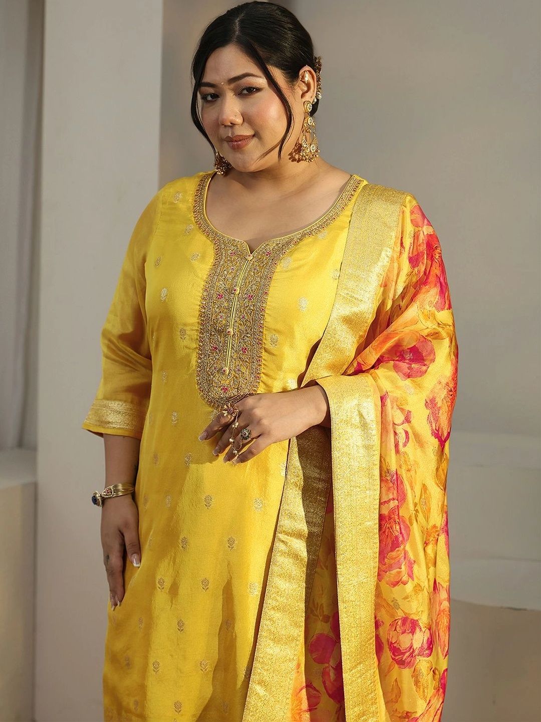 Women Ethnic Motifs Embroidered Regular Chanderi Silk Kurta with Trousers & With Dupatta