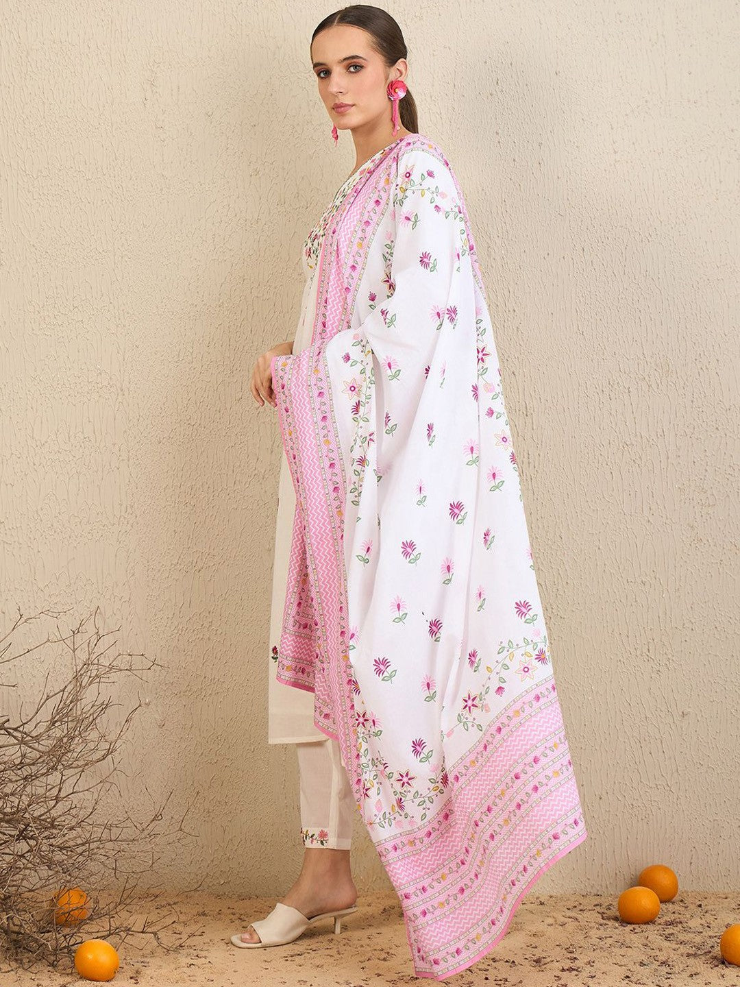 Floral Embroidered Thread Work Pure Cotton Straight Kurta With Trousers & Dupatta