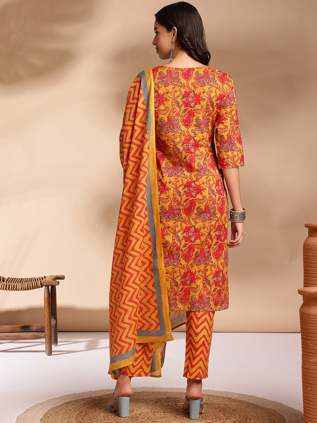 Ethnic Motifs Printed Round Neck Three-Quarter Sleeves Pure Cotton Kurta Set