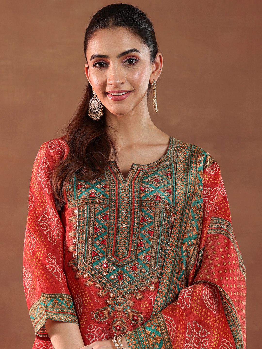 Women Bandhani Printed Kurta with Trousers & Dupatta