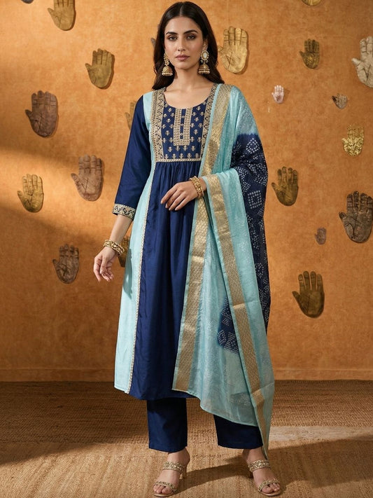 Women Ethnic Motifs Embroidered Regular Thread Work Kurta with Trousers & With Dupatta