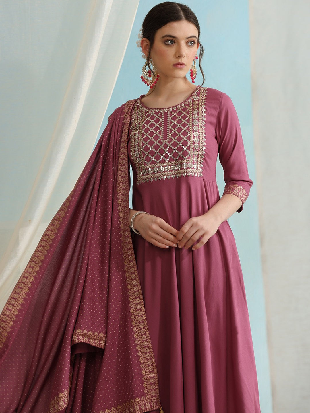 Embroidered Regular Sequinned Kurta with Palazzos & Dupatta