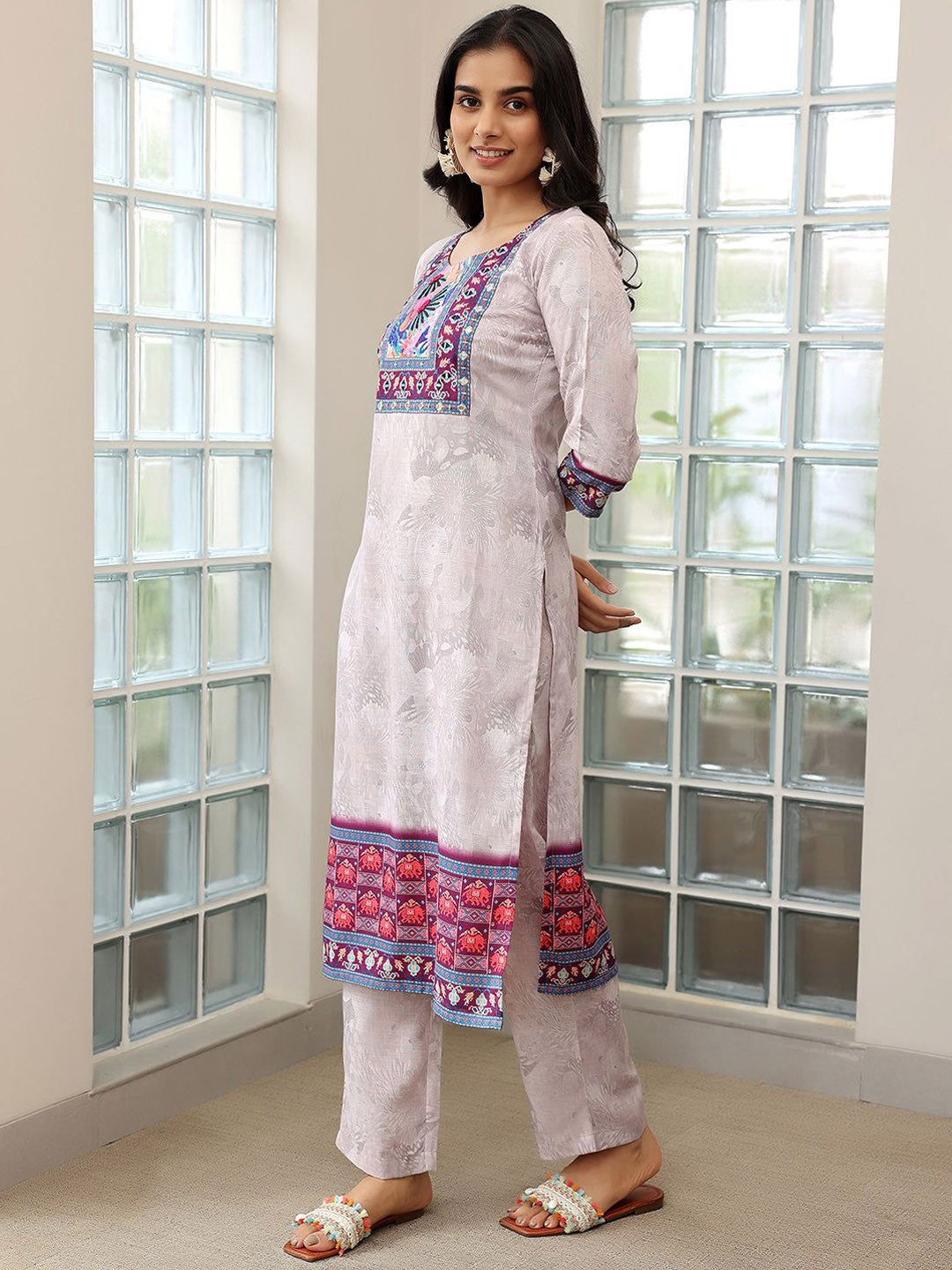 Floral Printed Regular Mirror Work Linen Straight Kurta with Trousers & Dupatta