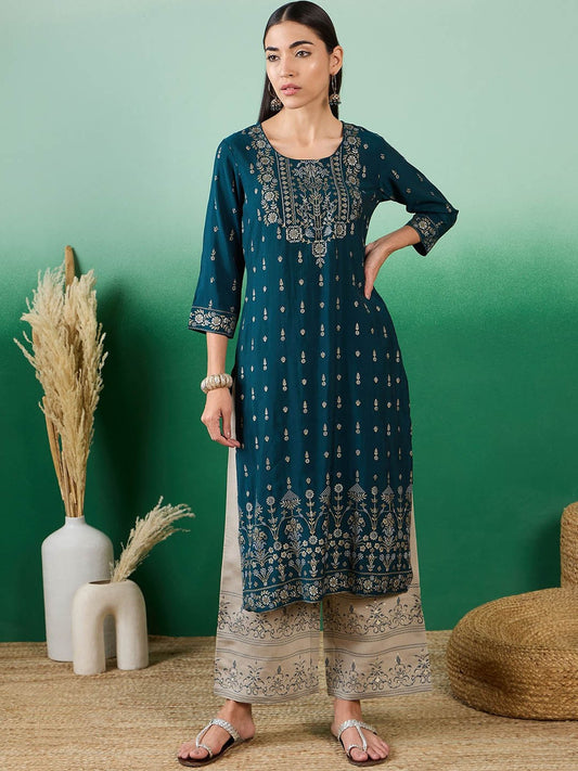 Green & White Floral Printed Straight Kurta & Palazzos