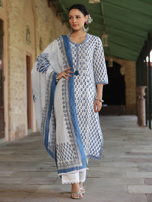 Ethnic Motifs Printed Regular Pure Cotton Kurta with Trousers & Dupatta