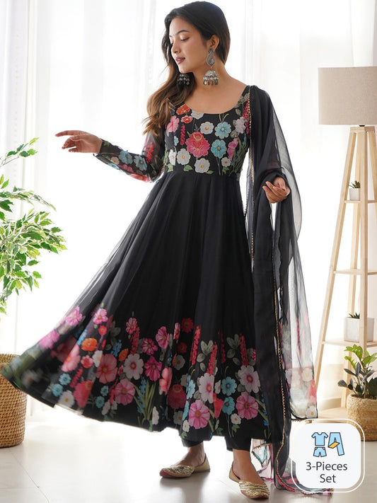 Floral Printed Anarkali Kurta With Trousers & Dupatta