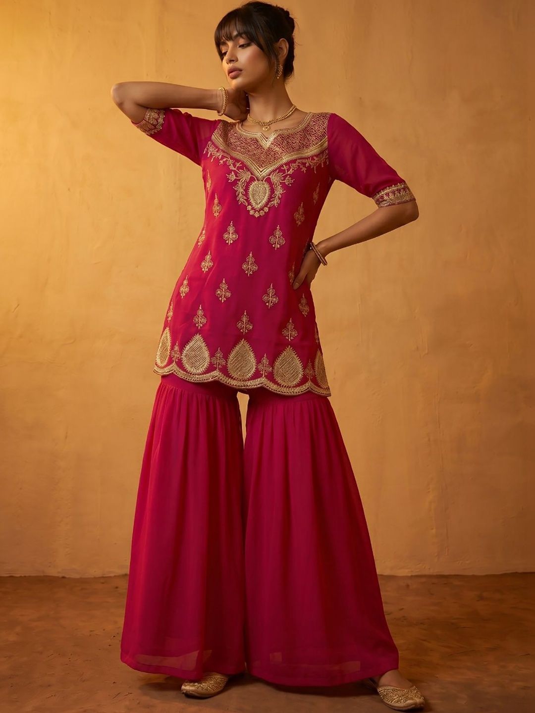Women Ethnic Motifs Embroidered Regular Kurta with Sharara & With Dupatta