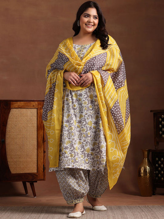 Plus Size Floral Printed Pure Cotton Kurta with Salwar & Dupatta