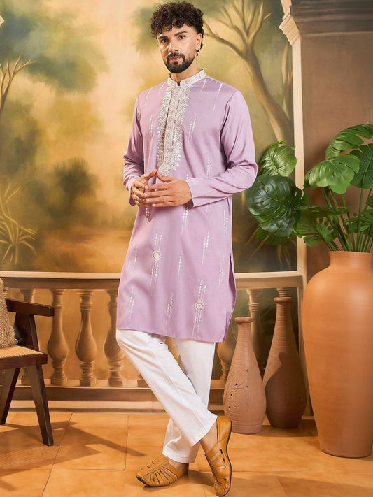 Embroidered Mandarin Collar Kurta & Trousers